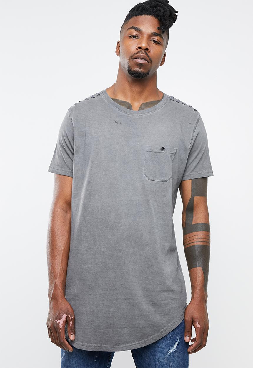 Brave Soul - Busted crew neck longline curved hem tee - grey
