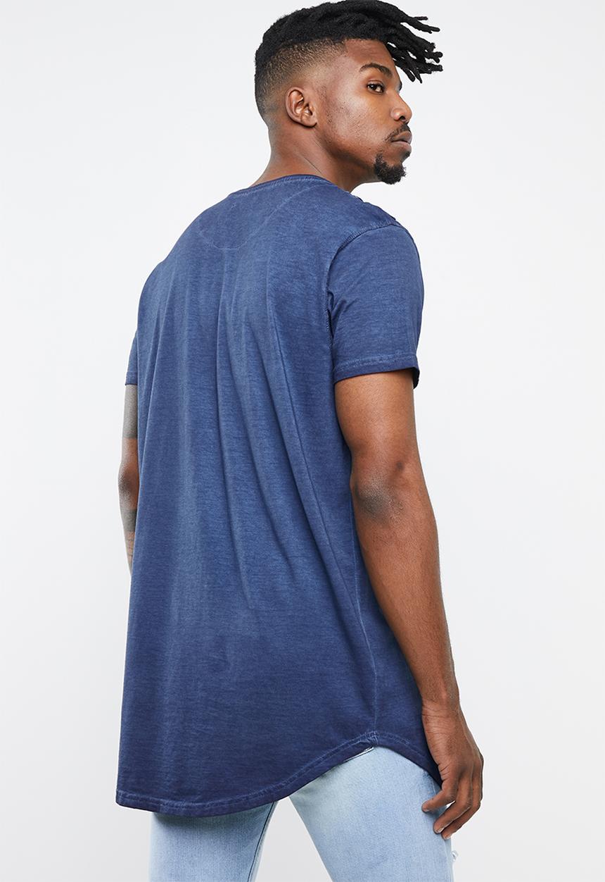 Brave Soul - Busted crew neck longline curved hem tee - blue