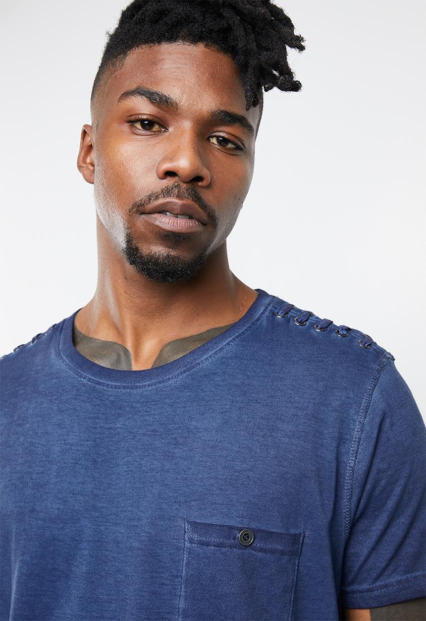 Brave Soul - Busted crew neck longline curved hem tee - blue