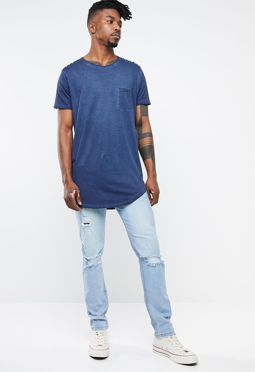 Brave Soul - Busted crew neck longline curved hem tee - blue