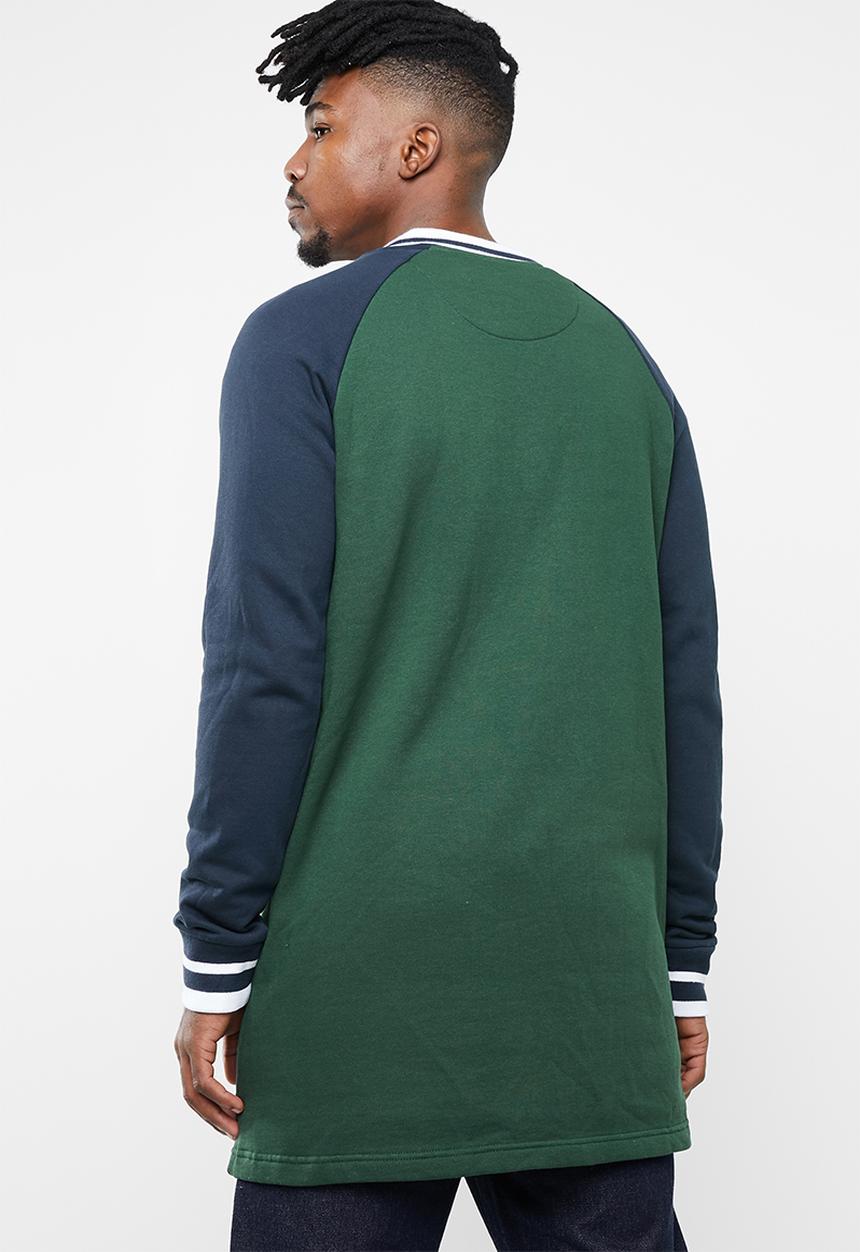Brave Soul - Freedom longer length baseball raglan jacket - green & navy