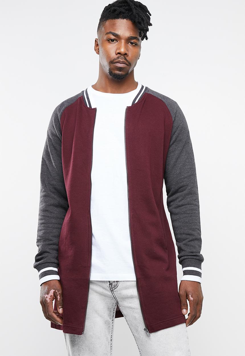 Brave Soul - Freedom longer length baseball raglan jacket - burgundy & grey 