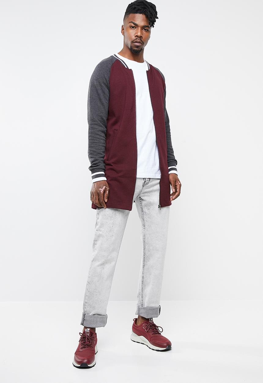 Brave Soul - Freedom longer length baseball raglan jacket - burgundy & grey 
