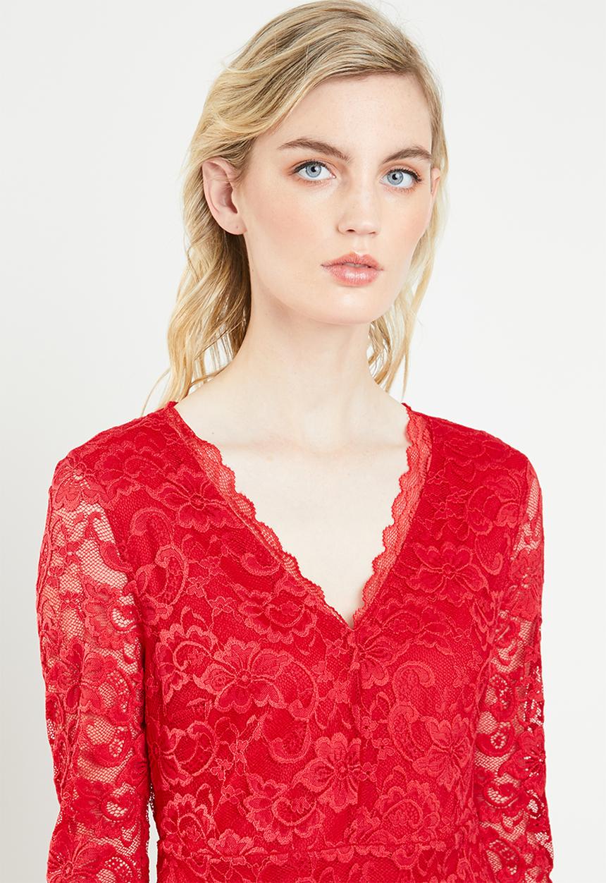 Vero Moda - Lucia long sleeve lace dress - red
