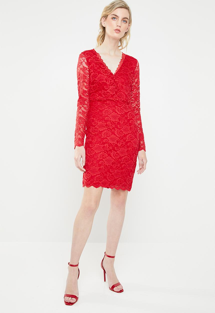 Vero Moda - Lucia long sleeve lace dress - red