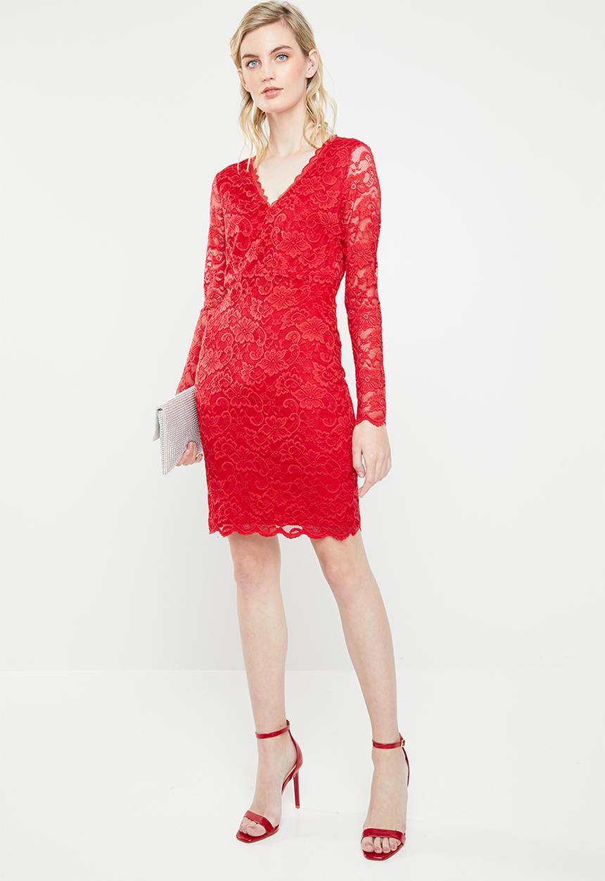 Vero Moda - Lucia long sleeve lace dress - red