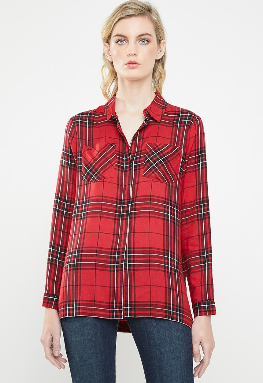ONLY - Rebella long sleeve oversized check shirt - red