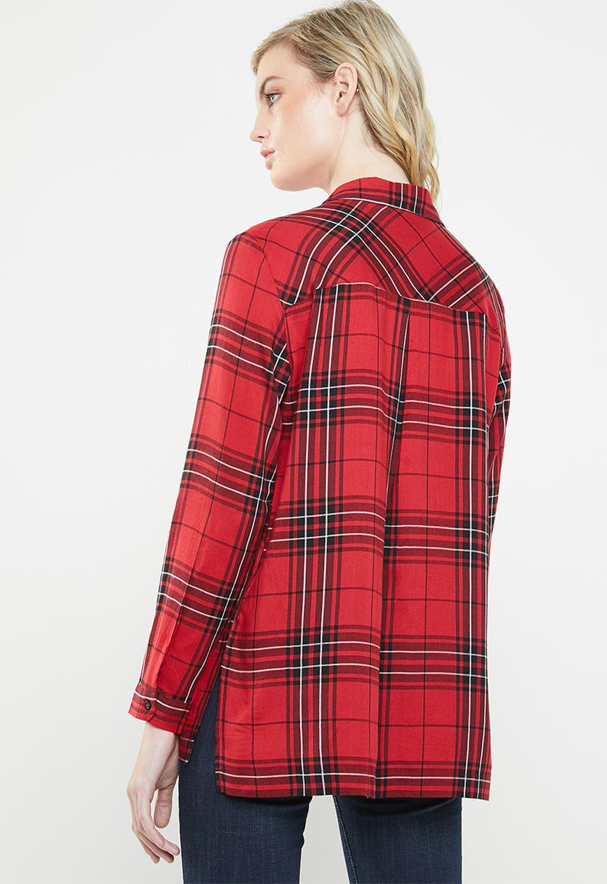 ONLY - Rebella long sleeve oversized check shirt - red
