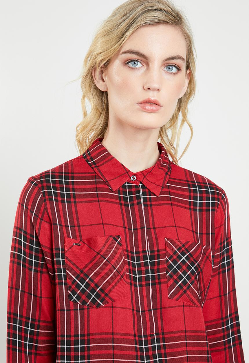 ONLY - Rebella long sleeve oversized check shirt - red