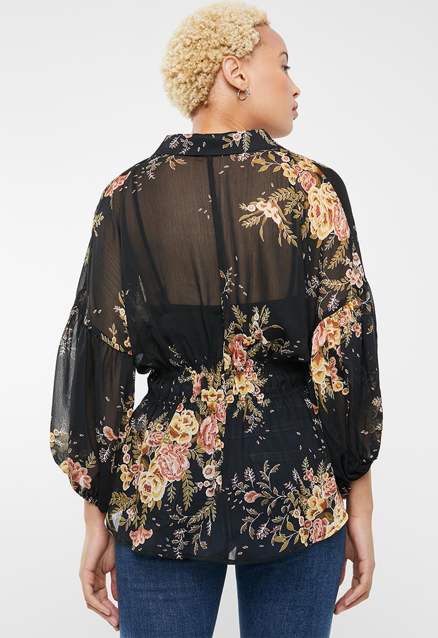 Forever21 - Floral button up blouse - black