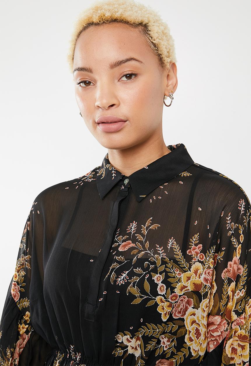 Forever21 - Floral button up blouse - black