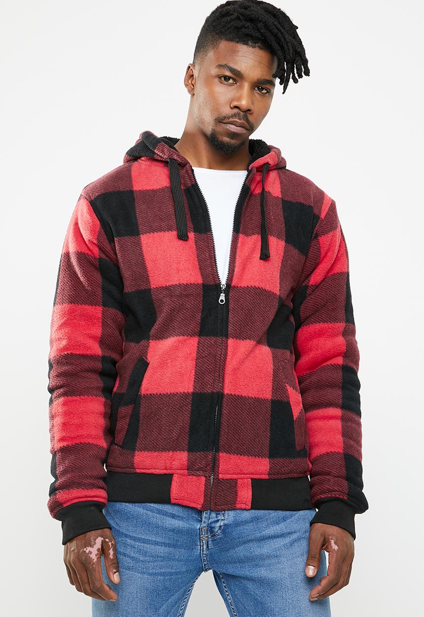 Brave Soul - Asher zip through check hoodie - red & black