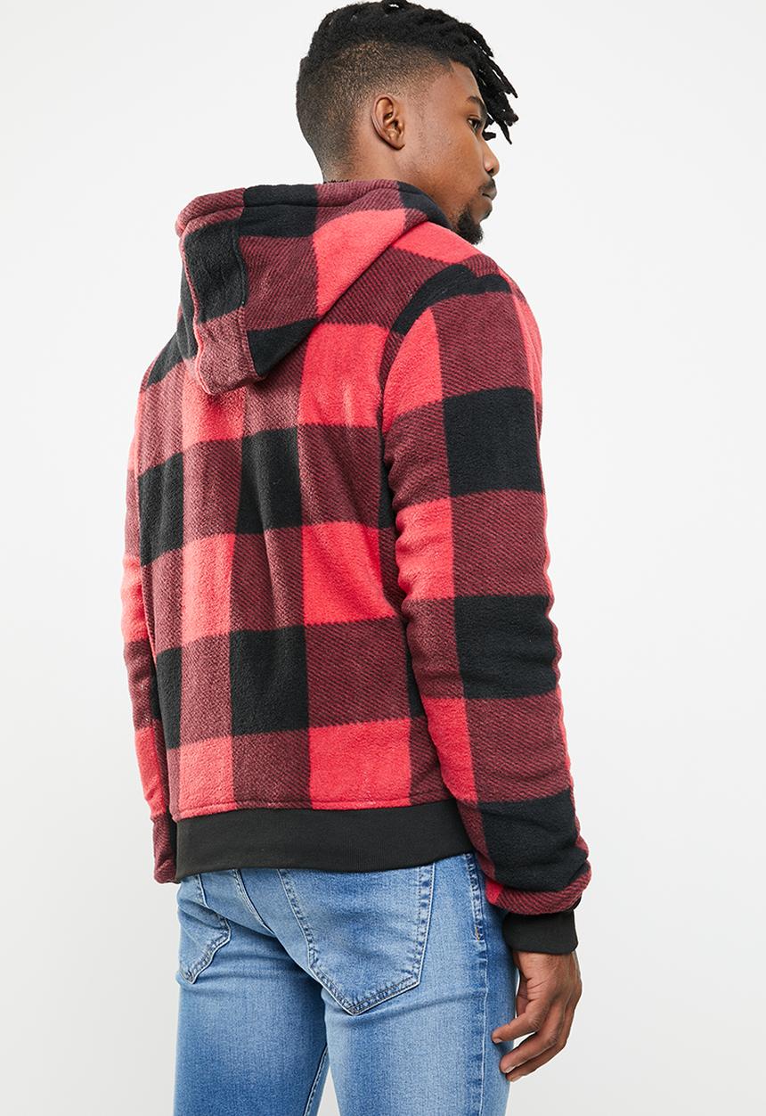 Brave Soul - Asher zip through check hoodie - red & black
