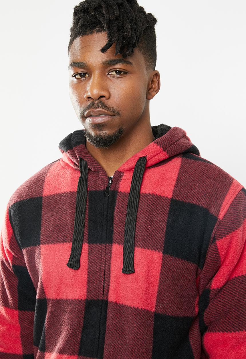 Brave Soul - Asher zip through check hoodie - red & black