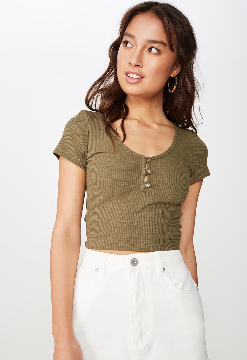 Cotton On - Lylah henley short sleeve top - green