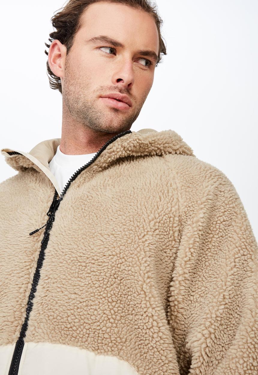 Cotton On - Hooded teddy zip through jacket - beige