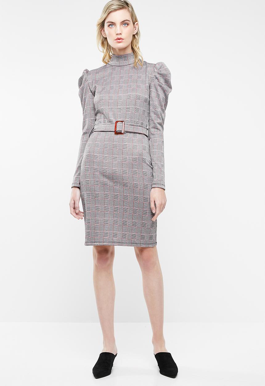Superbalist - Puff sleeve mini dress with belt - red & black