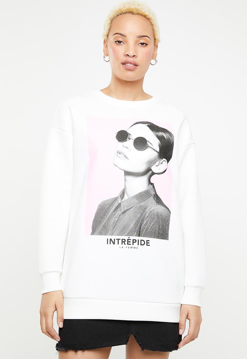 ONLY - Star long round neck sweat top - white