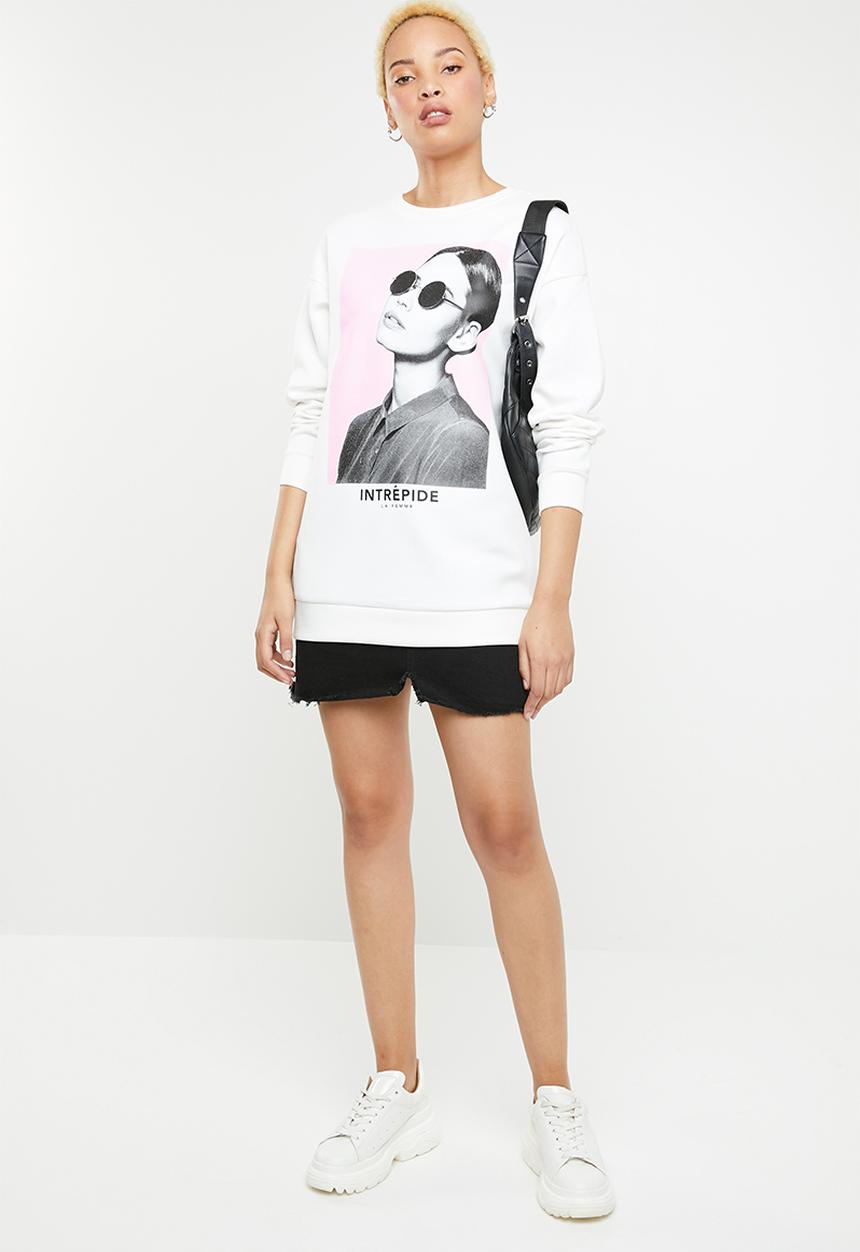 ONLY - Star long round neck sweat top - white