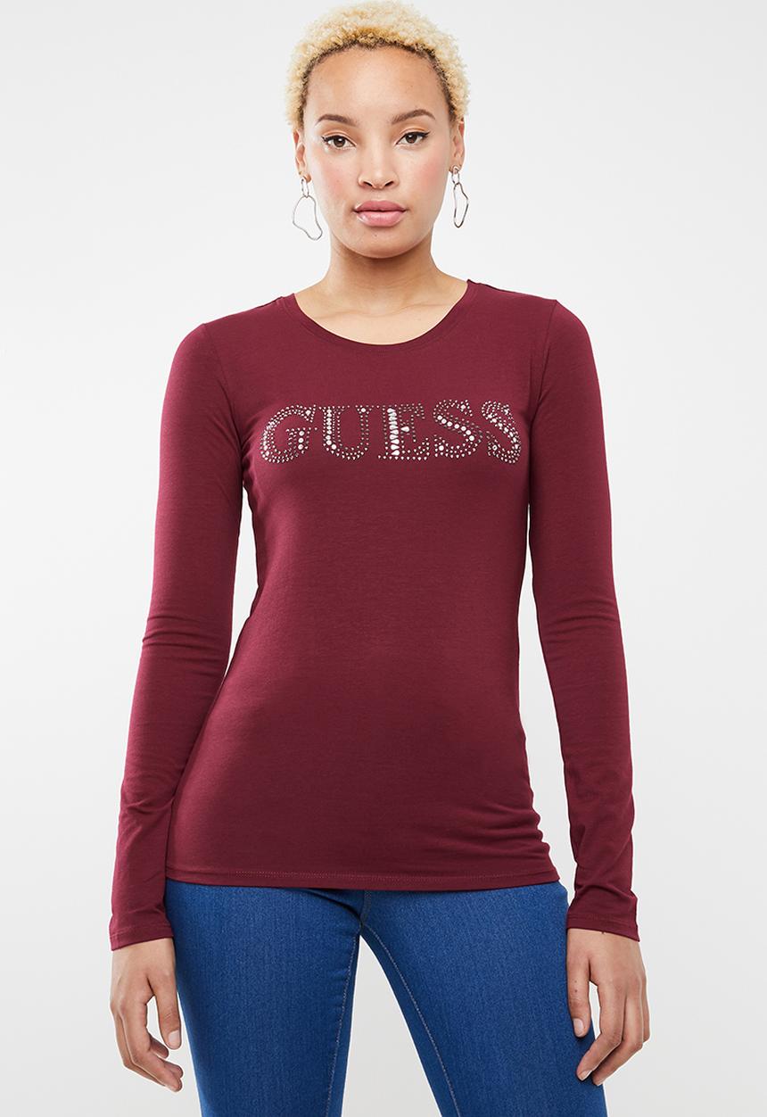 GUESS - Longsleeve contrast bling logo tee - burgundy