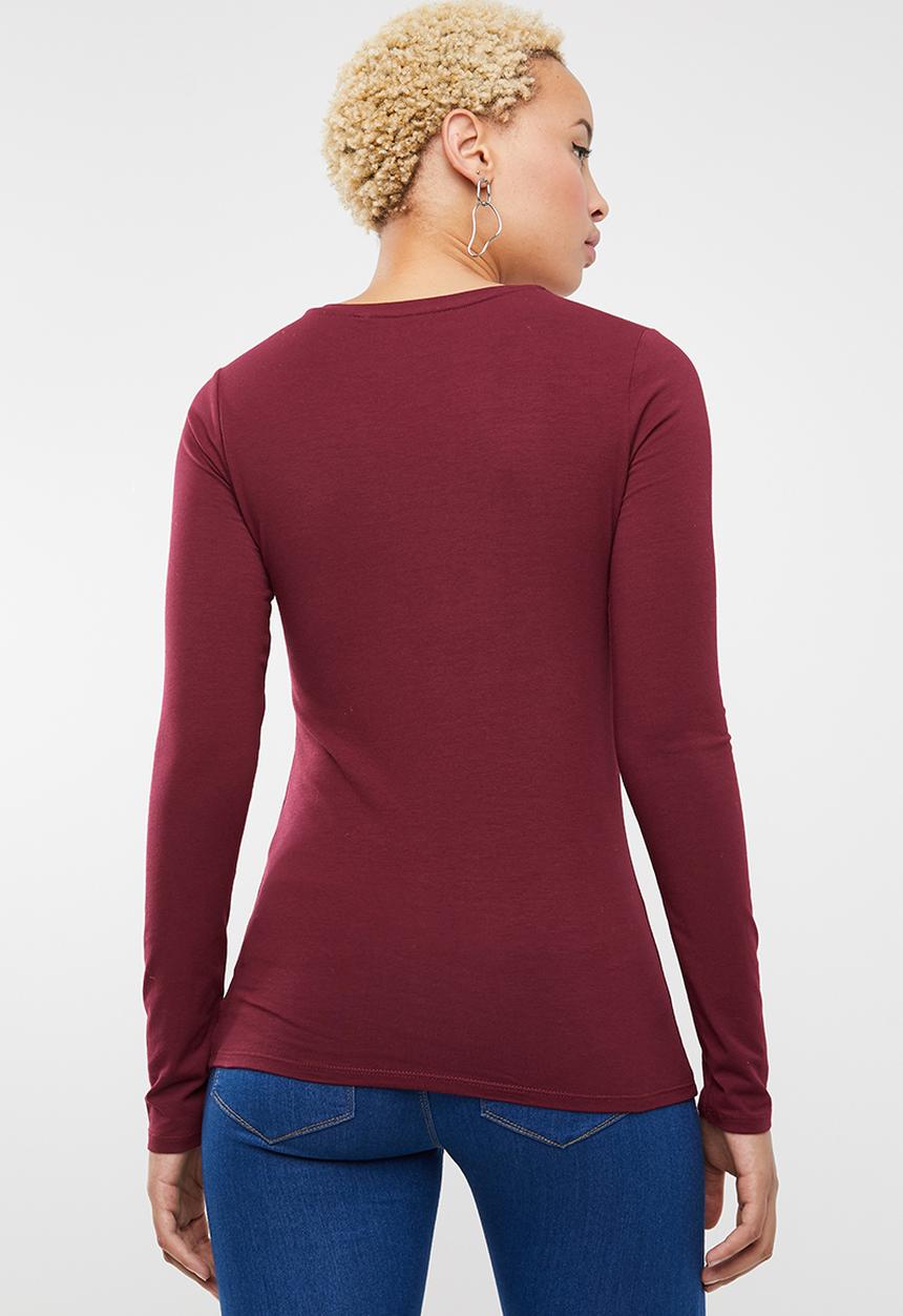 GUESS - Longsleeve contrast bling logo tee - burgundy