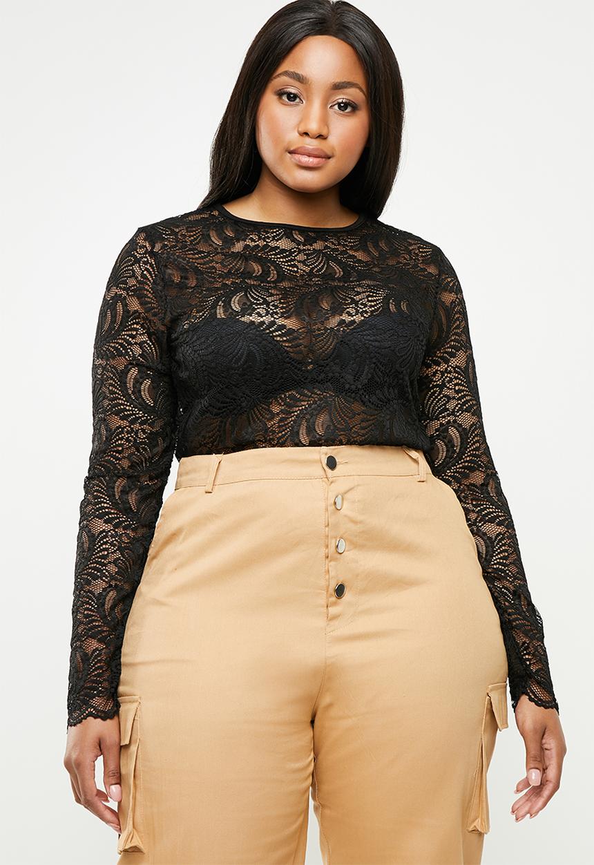 Missguided - Curve lace long sleeve bodysuit - black