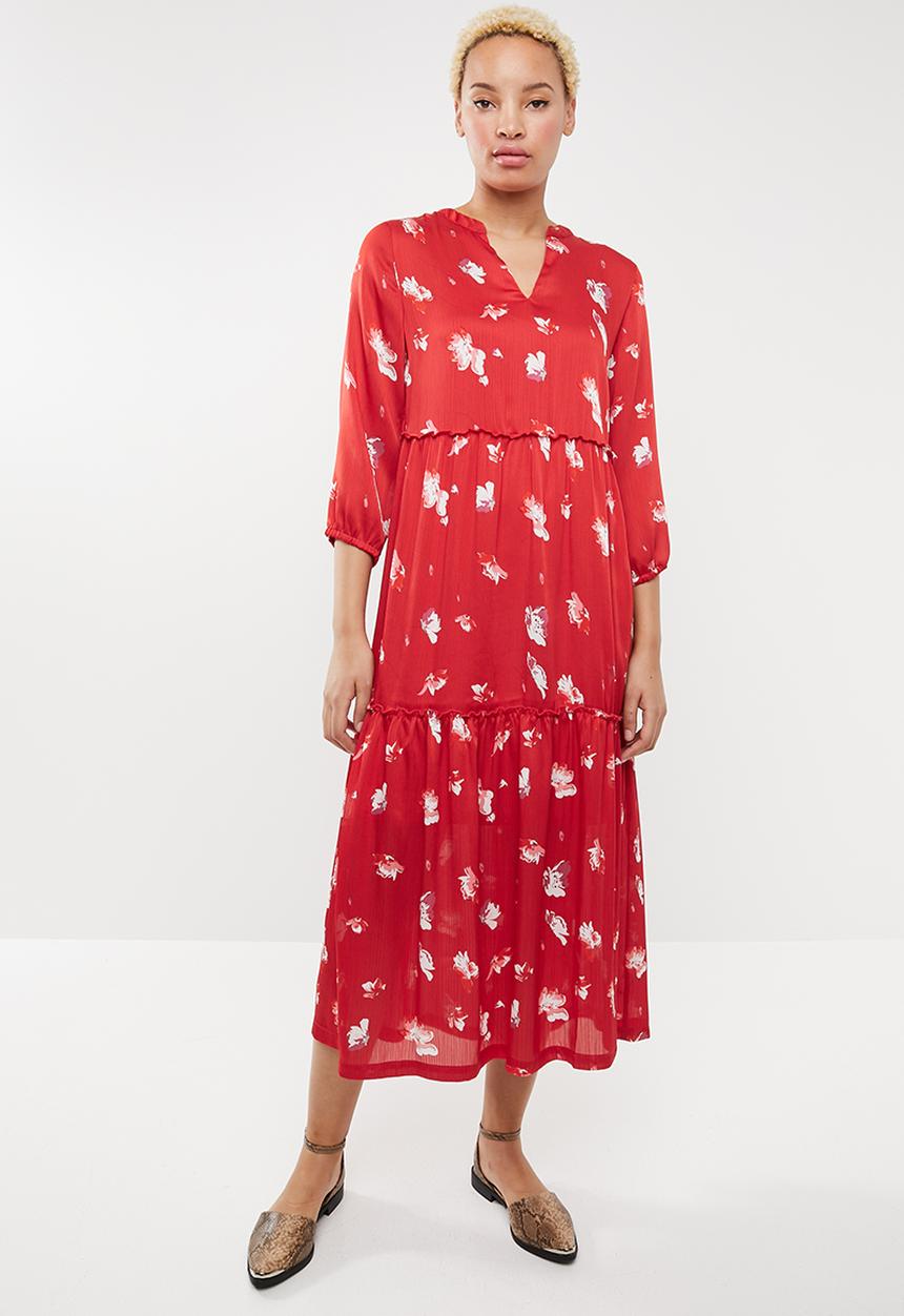 ONLY - Giza long sleeve maxi woven dress - red & white