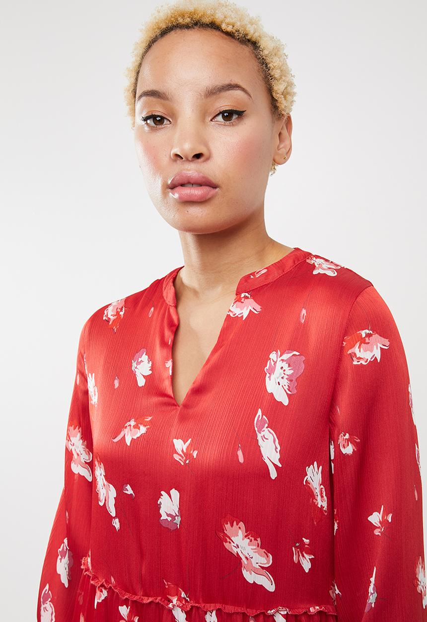 ONLY - Giza long sleeve maxi woven dress - red & white