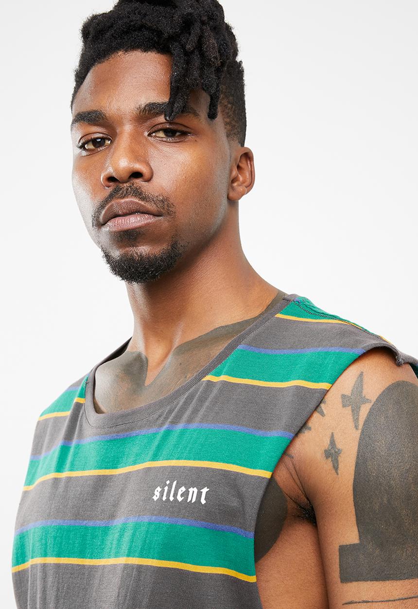 Silent Theory - Flagged stripe muscle tee - green & grey