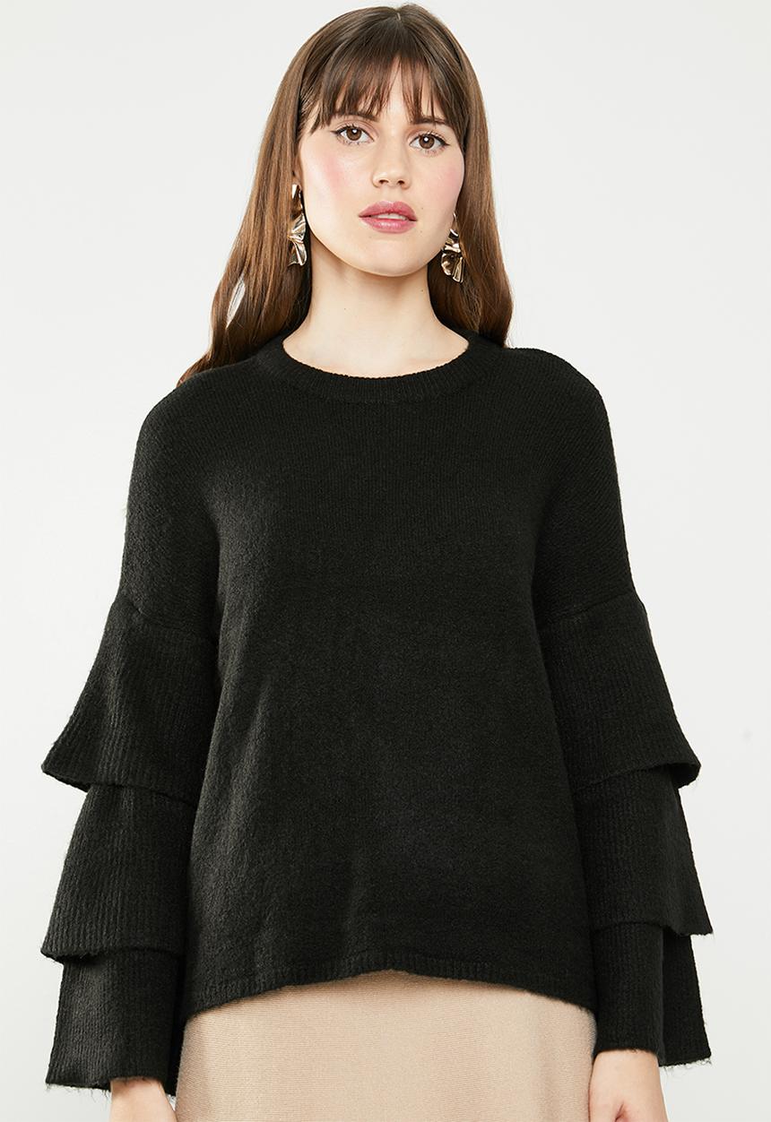 ONLY - Flower ruffle pullover knit - black