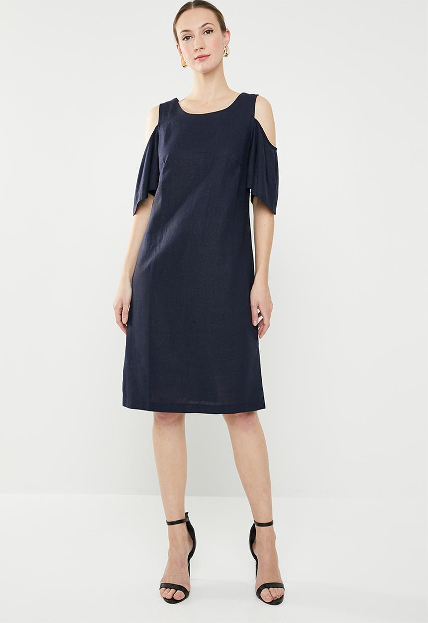 edit - Cold shoulder linen blend dress - navy