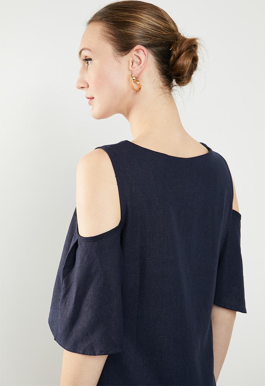 edit - Cold shoulder linen blend dress - navy