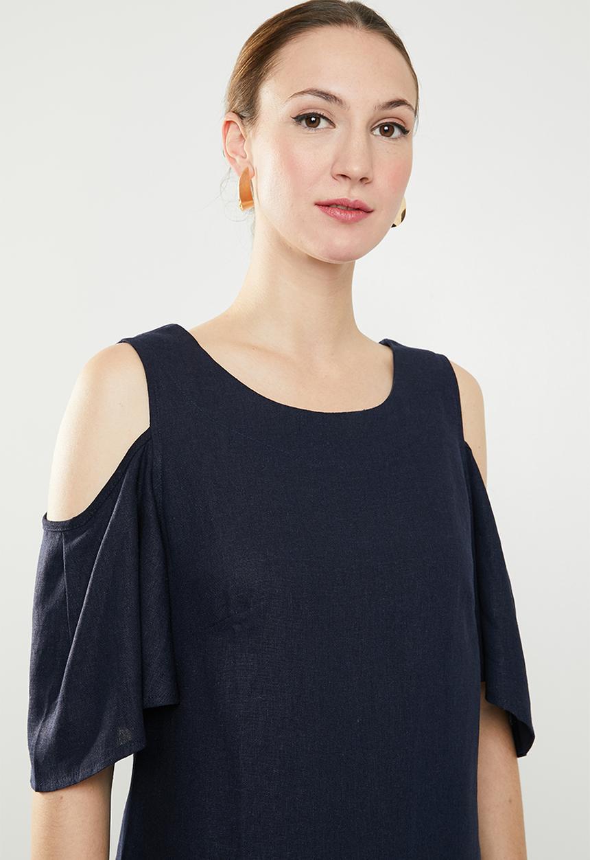edit - Cold shoulder linen blend dress - navy