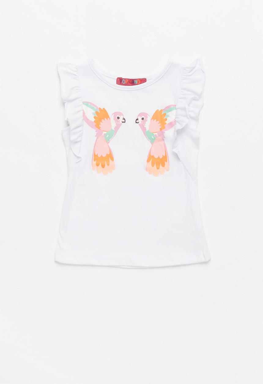 Pop Candy - Girls Ruffle Sleeve Printed T-shirt - white