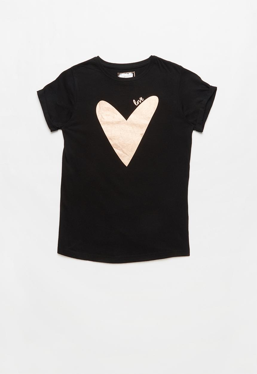 Pop Candy - Girls Heart Foil Print Tee - black