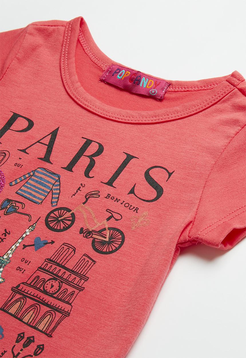 Pop Candy - Girls Printed Paris Tee - coral