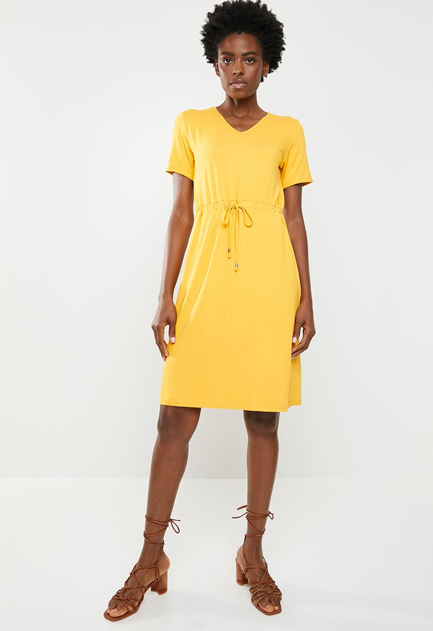 edit - Short sleeve dress with draw-cord - yellow