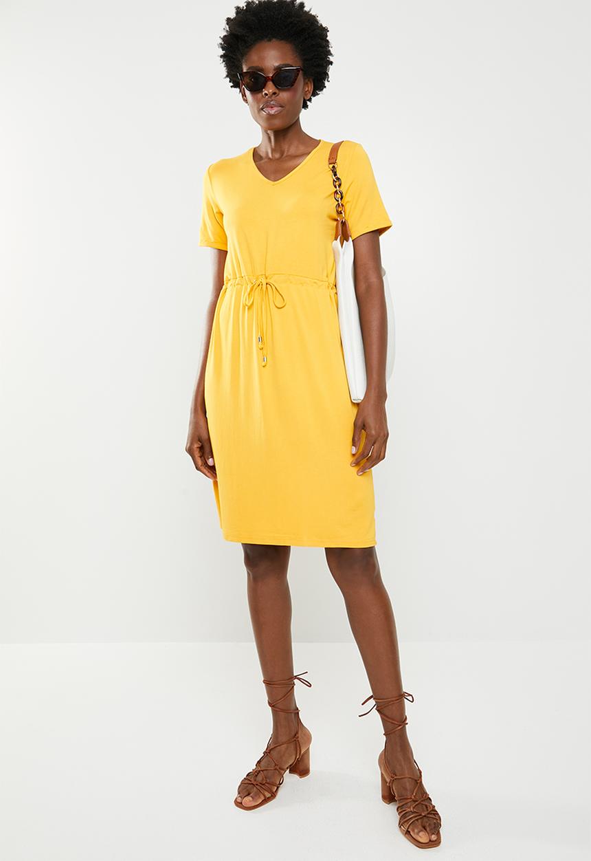 edit - Short sleeve dress with draw-cord - yellow