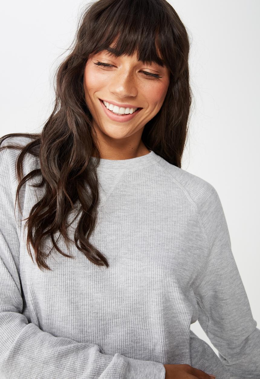 Cotton On - Waffle crew long sleeve top  - grey