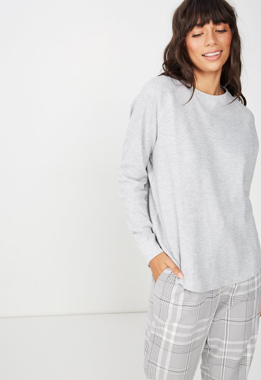 Cotton On - Waffle crew long sleeve top  - grey