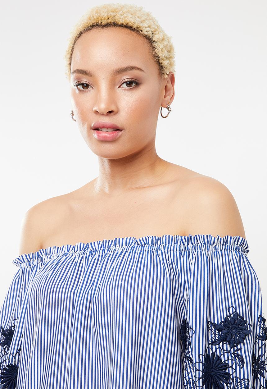 STYLE REPUBLIC - Embroidered bardot dress - blue