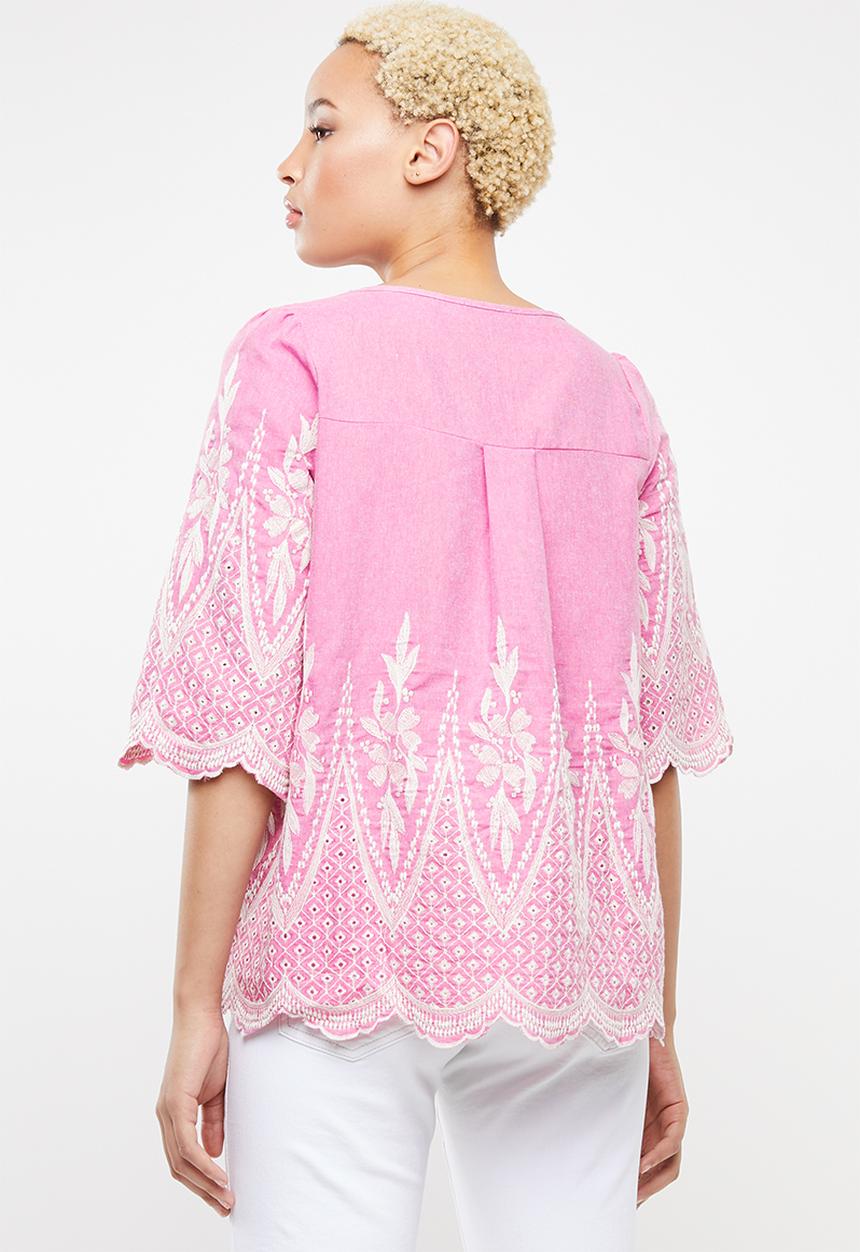 STYLE REPUBLIC - Embroidered linen blouse - pink & white