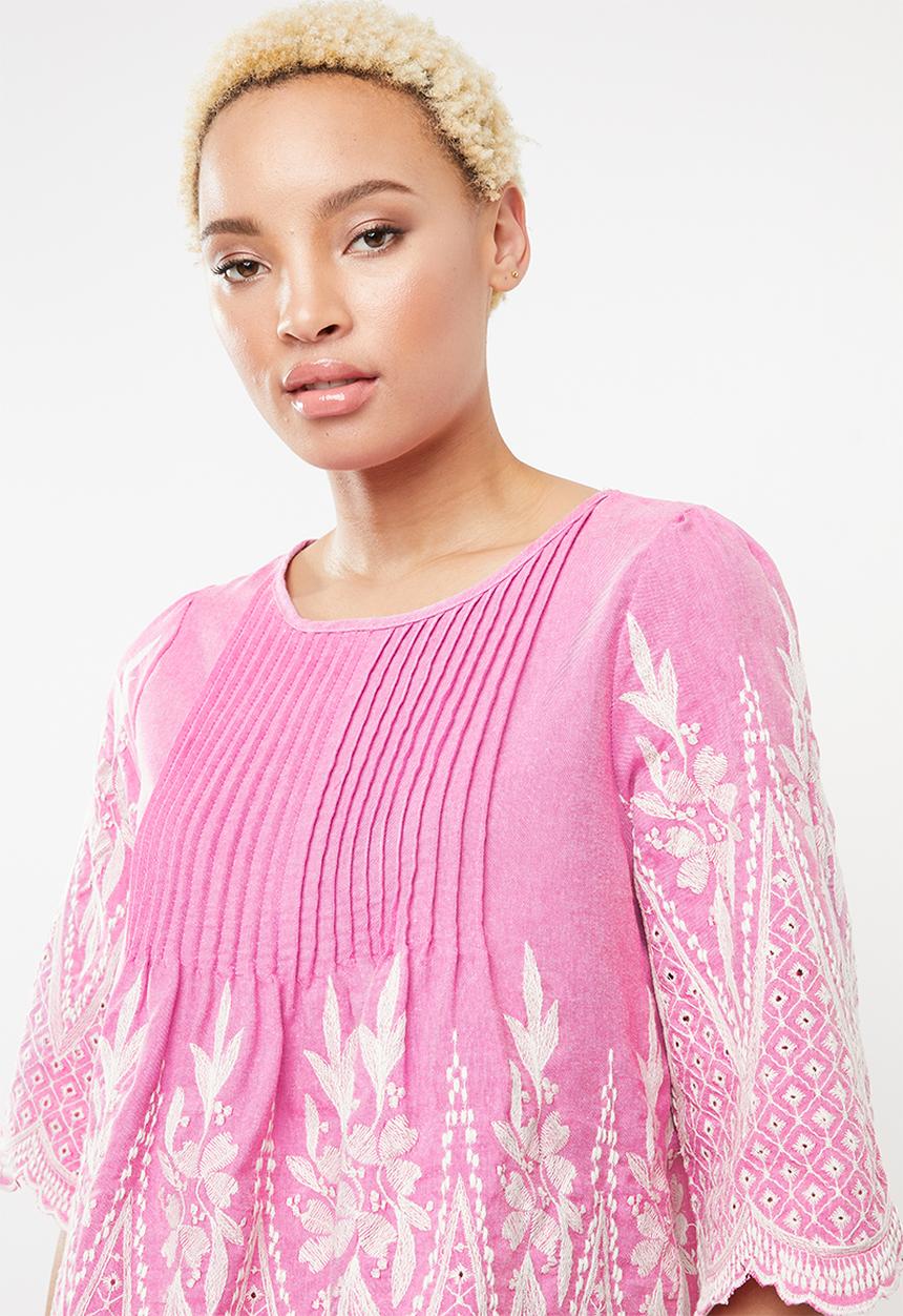 STYLE REPUBLIC - Embroidered linen blouse - pink & white