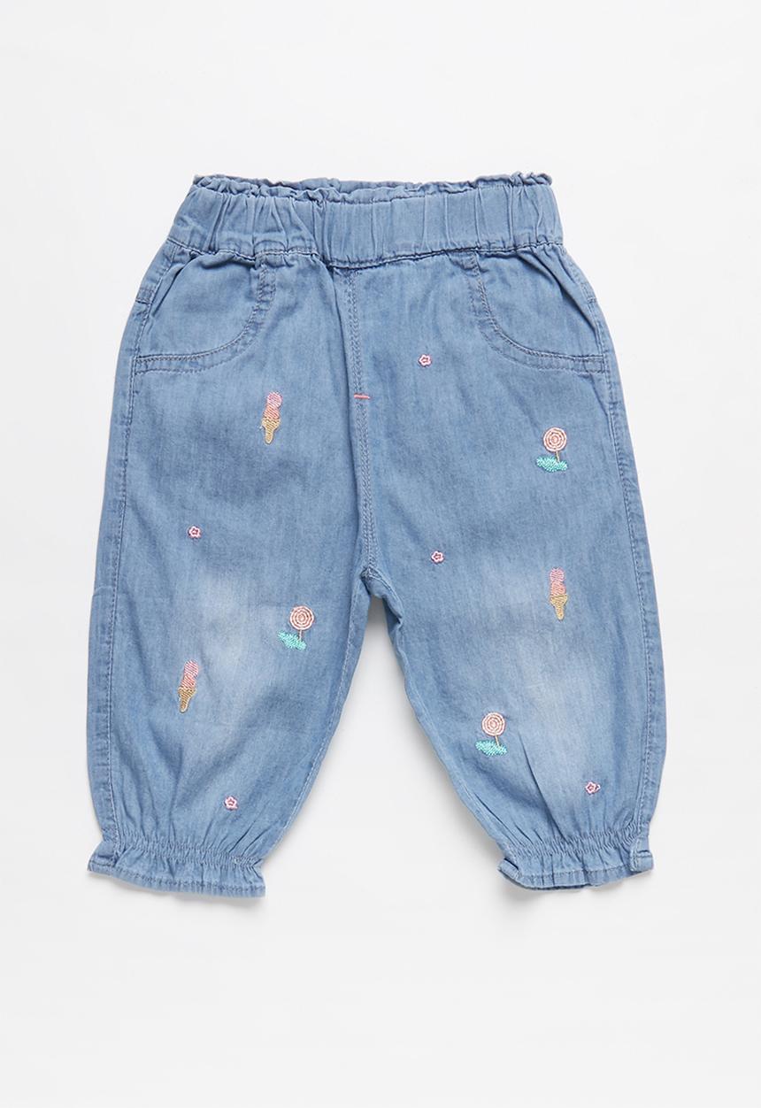Pop Candy - Girls floral print denim joggers - blue