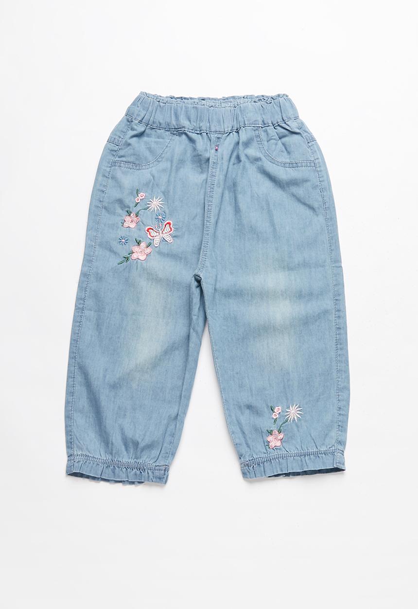 Pop Candy - Girls floral print denim joggers - blue