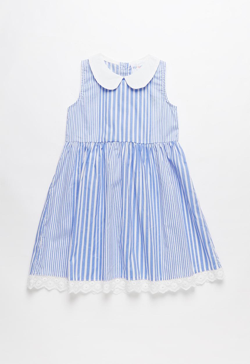 Pop Candy - Girls collared dress - blue & white