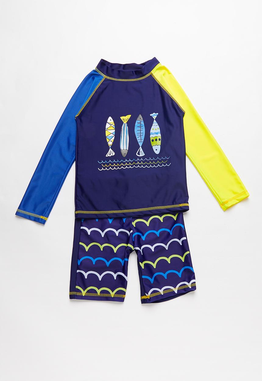 Pop Candy - Printed fish 2 piece swimsuit - blue & yellow