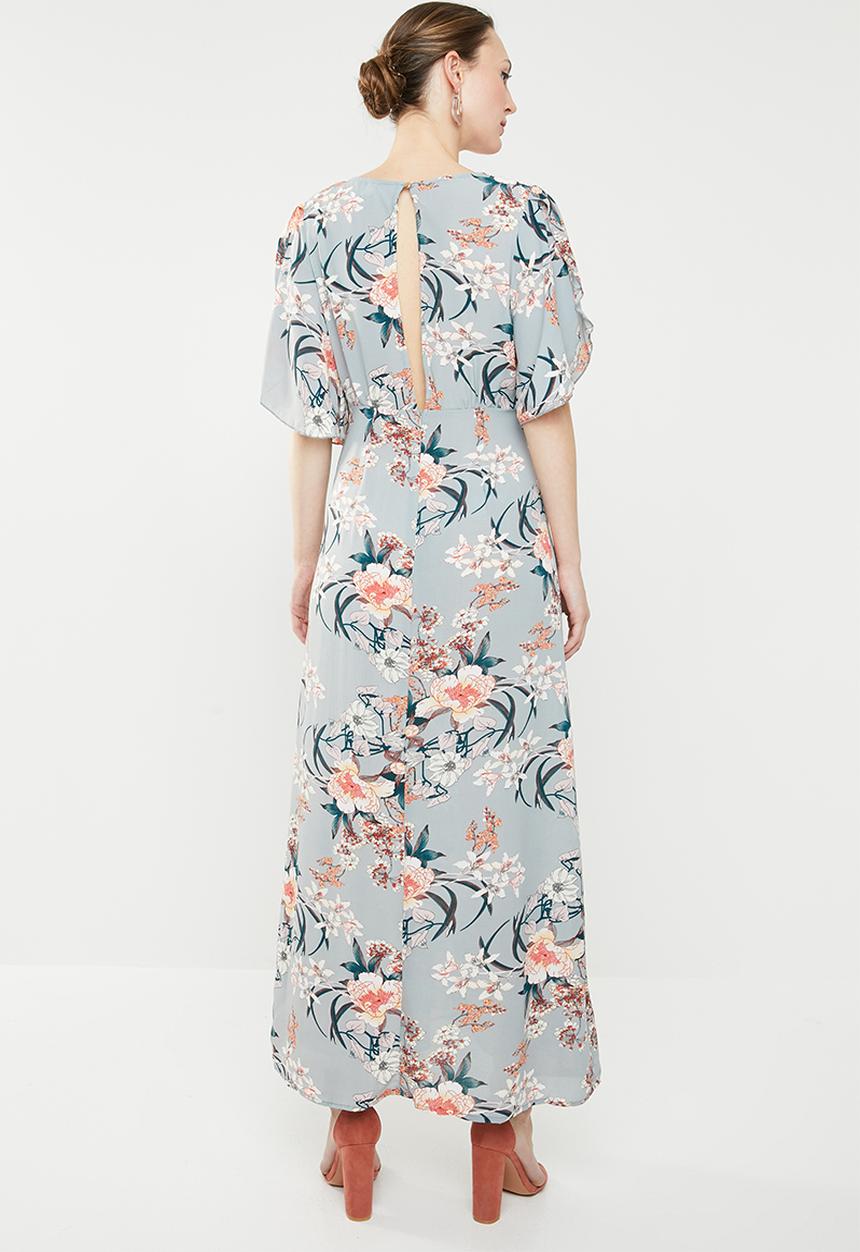 Revenge - Grey floral maxi with tie front - blue