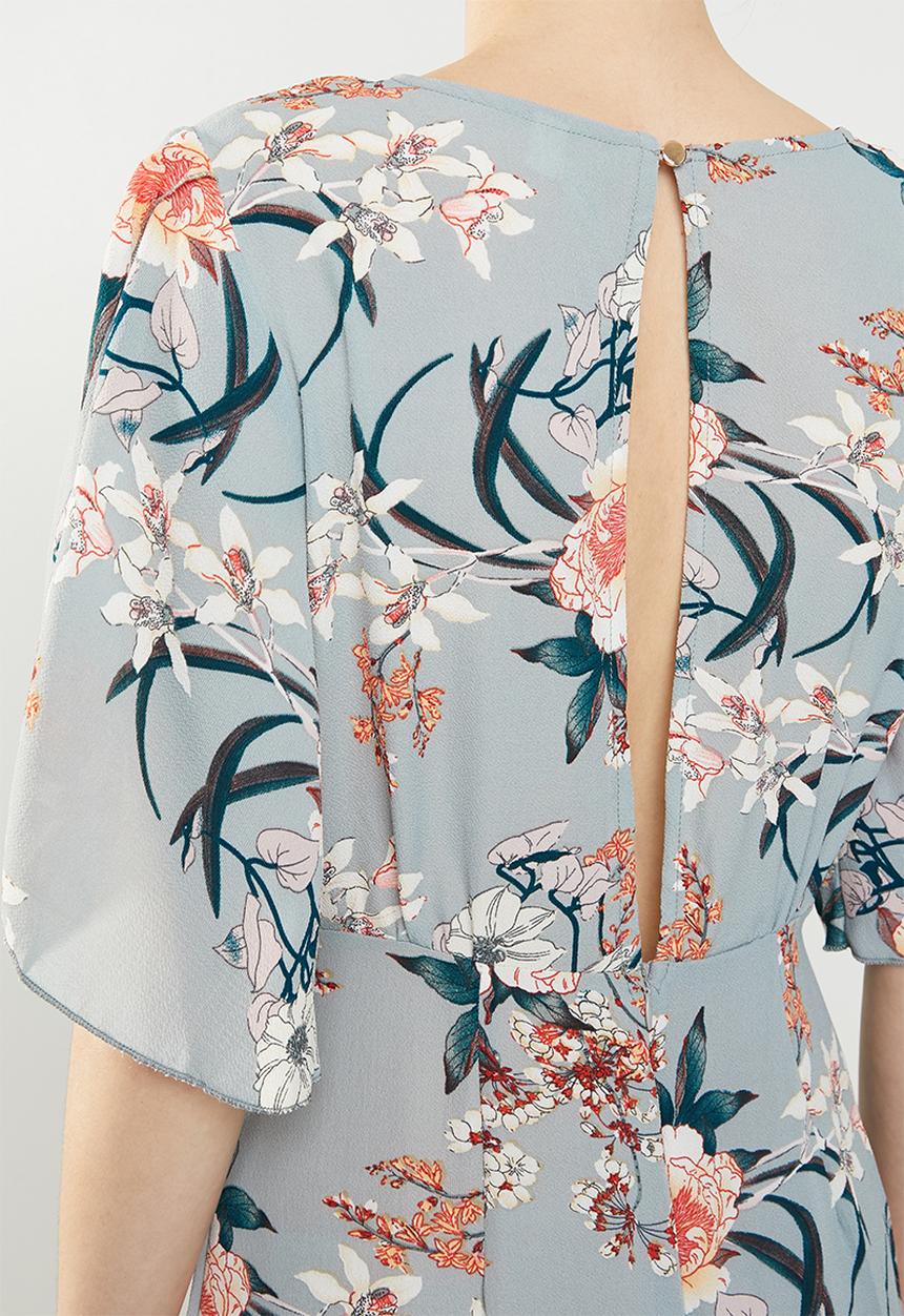 Revenge - Grey floral maxi with tie front - blue
