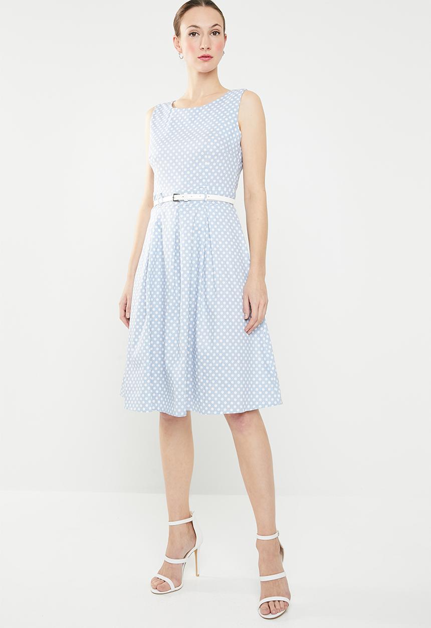 Revenge - Polka dot belted fit & flare dress - blue & white